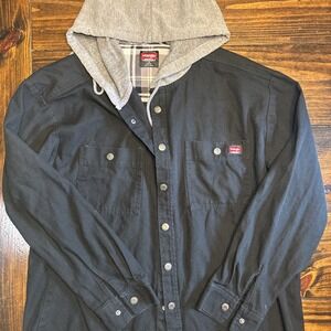 Wrangler Mens Work Jacket Size L Black Unlined Hoodie Canvas Button Up Workwear